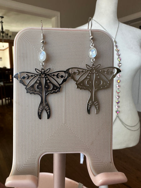 Sterling Moonstone Luna Moth Earrings