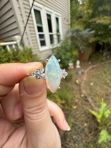White Fire Ethiopian Opal and White Topaz Marquise Butterfly ring