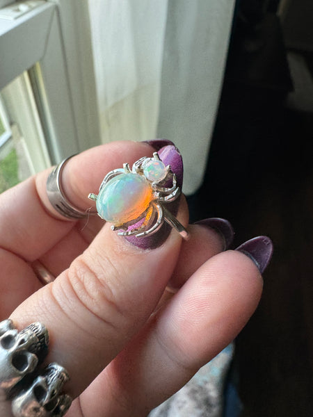 White Fire Ethiopian Opal Sterling Spider Ring