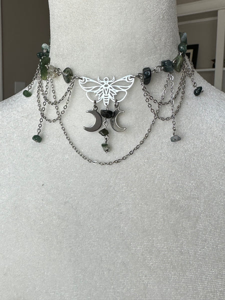 Moss Agate Moth Necklace