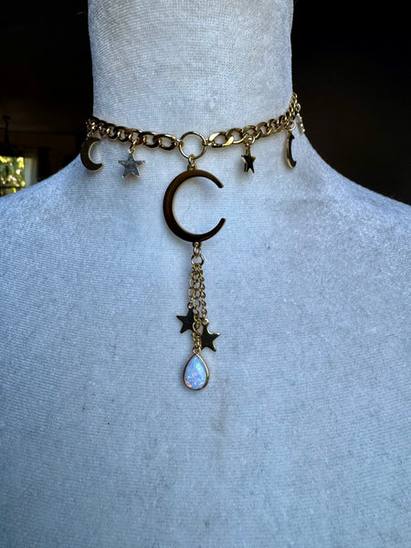 Opal Gold Moon Dangle Choker