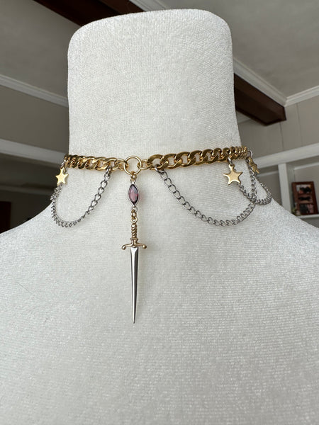 Dual Toned Rhodolite Garnet and Sword Necklace