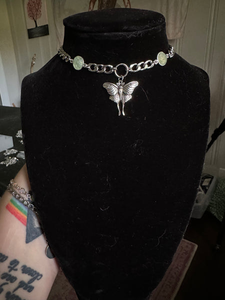 Sterling Luna Moth with Prehnite Choker/Necklace