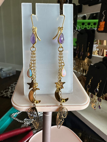 Amethyst and Opal Gold Fairy Wing Earrings