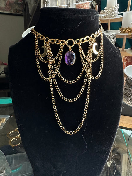 Gold Amethyst Laced Triple Moon Laced Necklace