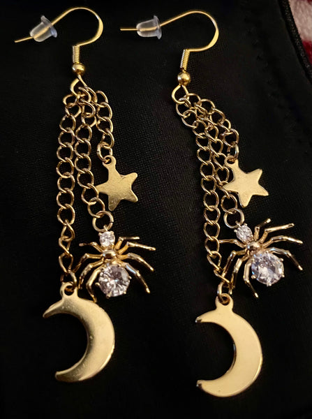 Gold Spider Moon and Star Earrings