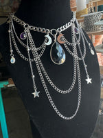 Sterling Black Onyx, Moonstone and Amethyst Triple Moon Laced Necklace