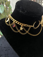 Pink Tourmaline Gold Moon and Star Choker/Necklace